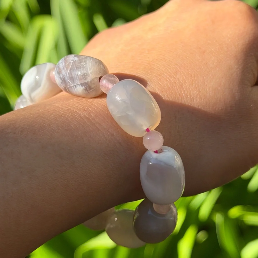 14mm stretchable barrel‎ shape milky agate rose quartz bracelet 0401